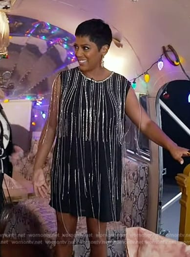 Tamron’s black crystal embellished mini dress on Tamron Hall Show