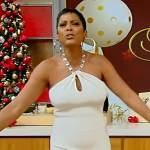 Tamron’s white embellished halterneck jumpsuit on Tamron Hall Show