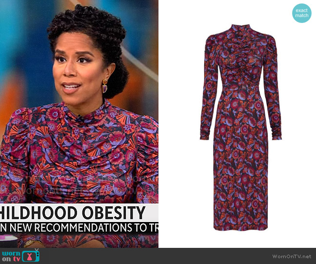 Tanya Taylor Zoe Floral Ruched Midi Dress worn by Adriana Diaz on CBS Mornings