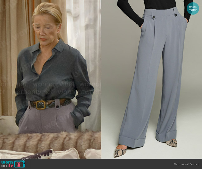 The Fold London Clever Crepe Hartwood Pleated Wide-Leg Trousers Dove Grey worn by Nikki Reed Newman (Melody Thomas-Scott) on The Young and the Restless