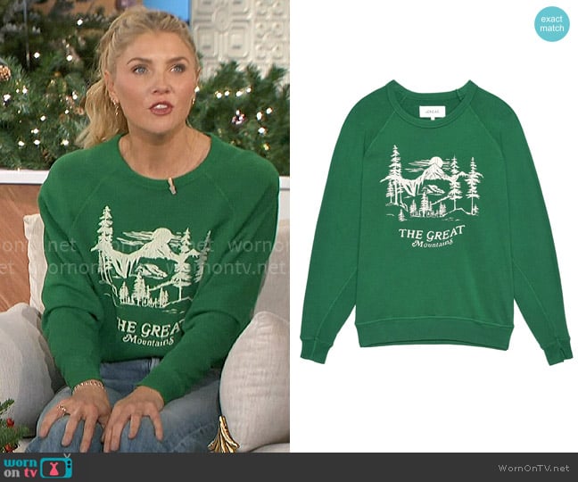 The Great The College Sweatshirt in Holly Leaf with Snowdrift Graphic worn by Amanda Kloots on The Talk