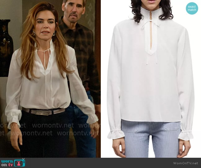 The Kooples Silk Smocked Collar Top worn by Victoria Newman (Amelia Heinle) on The Young and the Restless