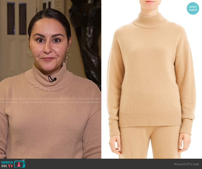 Theory Whipstitch Cashmere Turtleneck Sweater in Camel worn by Ali Vitali on NBC News Daily