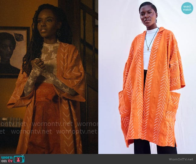 Threaded Tribes The Moment Hooded Bogolan Cloak worn by Hazel-May McCall (Ashleigh Murray) on The Other Black Girl