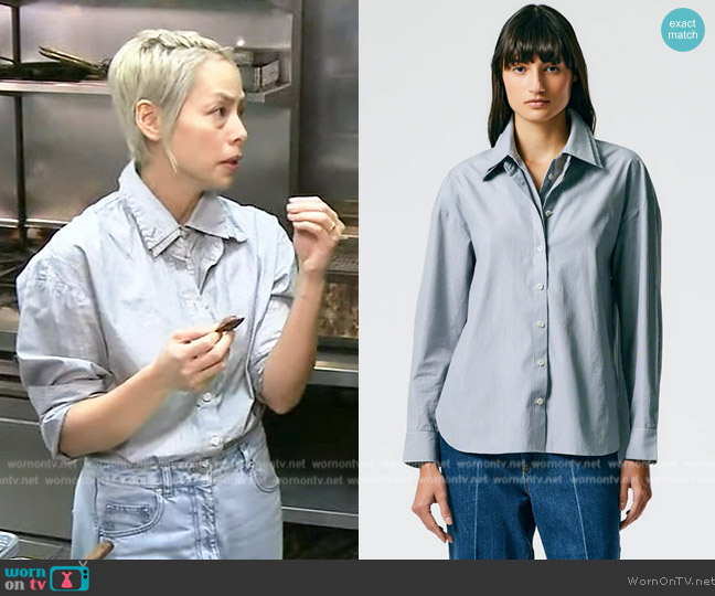 Tibi Micro Stripe Double Collar Shirt worn by Pilar Valdes on The Drew Barrymore Show