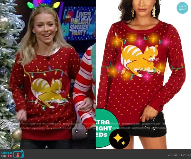 Tipsy Elves Cat-itude Light Up Ugly Christmas Sweater worn by Kelly Ripa on Live with Kelly and Mark