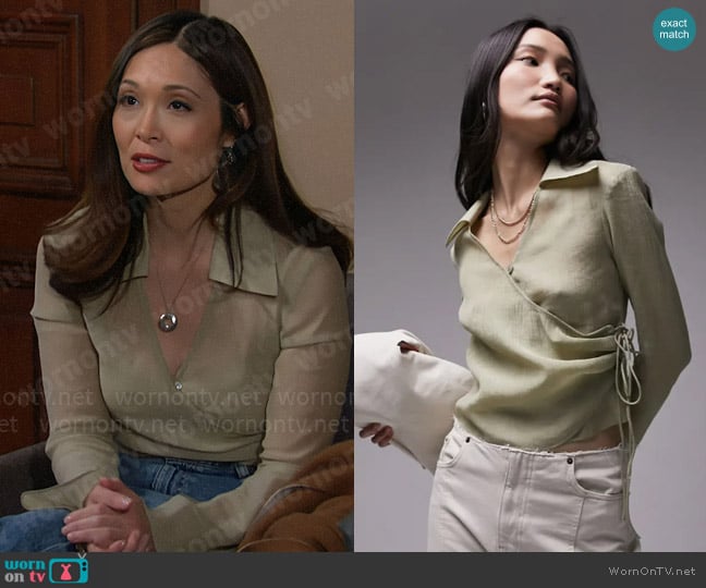 Topshop Button Front Long Sleeve Plissé Wrap Top worn by Penelope Poppy Nozawa (Romy Park) on The Bold and the Beautiful