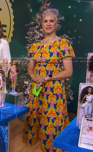 Trae Bodge’s multicolor printed midi dress on Good Morning America