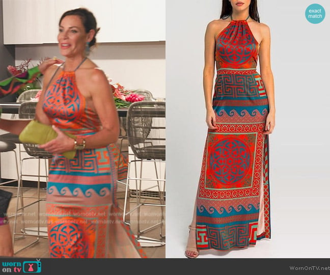 Trisha Paterson Venus Orange Blue Dress worn by Luann de Lesseps on The Real Housewives Ultimate Girls Trip