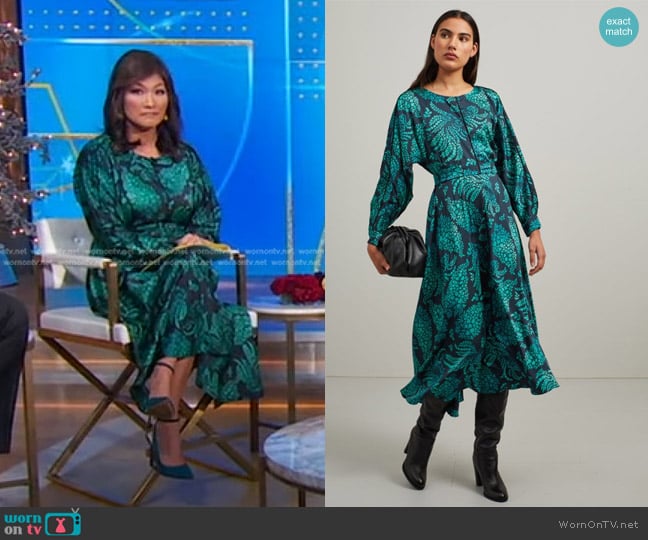 Diffusione Tessile Twill Dress in Emerald Green Black worn by Juju Chang on Good Morning America