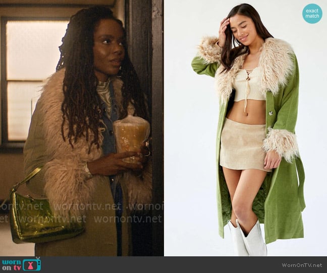 Urban Outfitters Isabella Corduroy Faux Fur Trim Coat worn by Hazel-May McCall (Ashleigh Murray) on The Other Black Girl