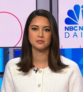 Valerie Castro's white ribbed cardigan with pearl buttons on NBC News Daily