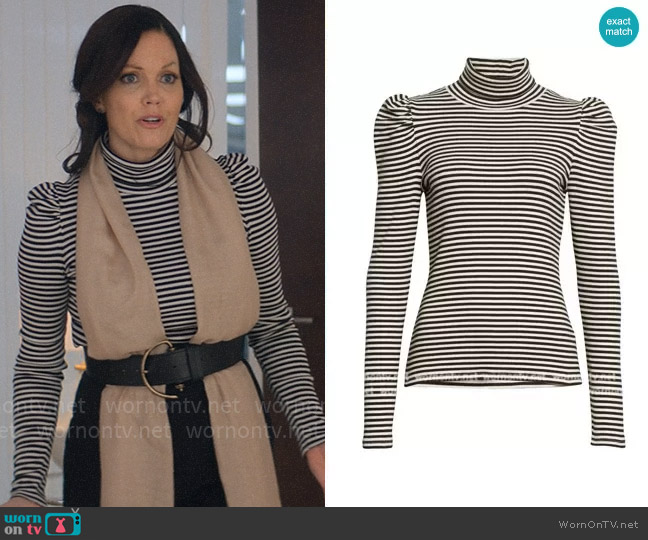 Veronica Beard Cedar Stripe Puff Sleeve Turtleneck Rib Top worn by Vera Parini (Bellamy Young) on The Other Black Girl