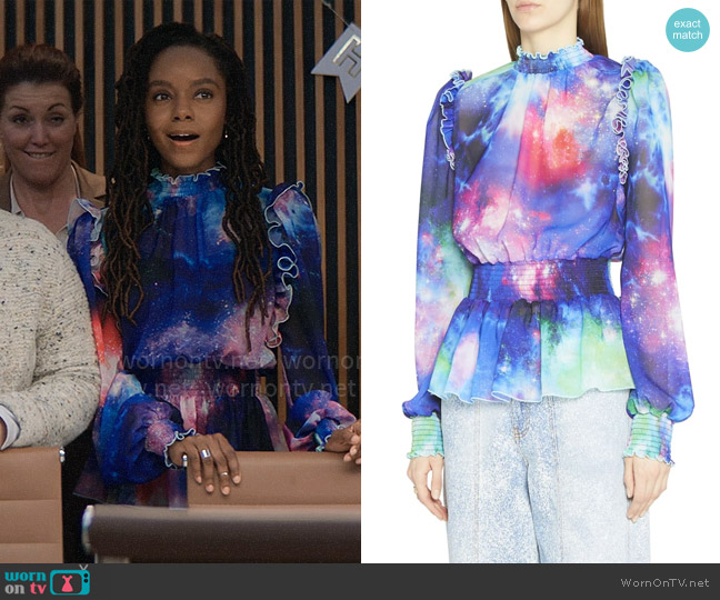 Versace Jeans Couture Space-Printed Chiffon Peplum Blouse worn by Hazel-May McCall (Ashleigh Murray) on The Other Black Girl