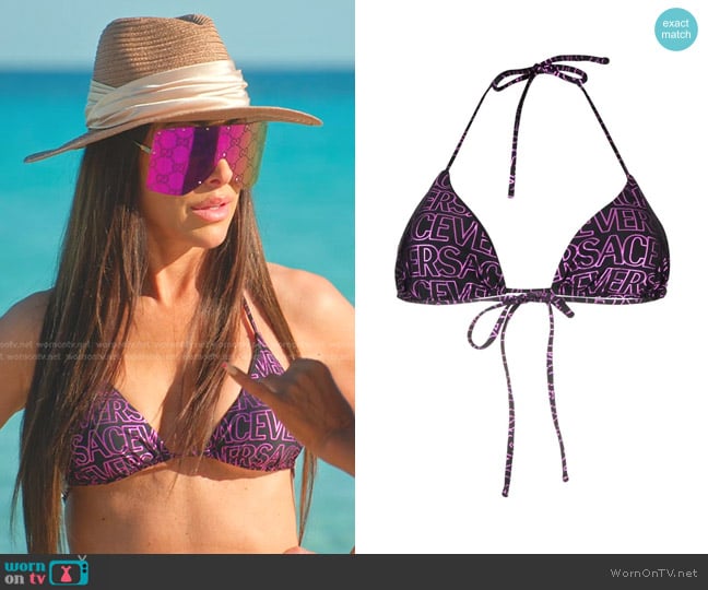 Versace All-Over Logo Print Bikini Top worn by Angie Katsanevas on The Real Housewives of Salt Lake City