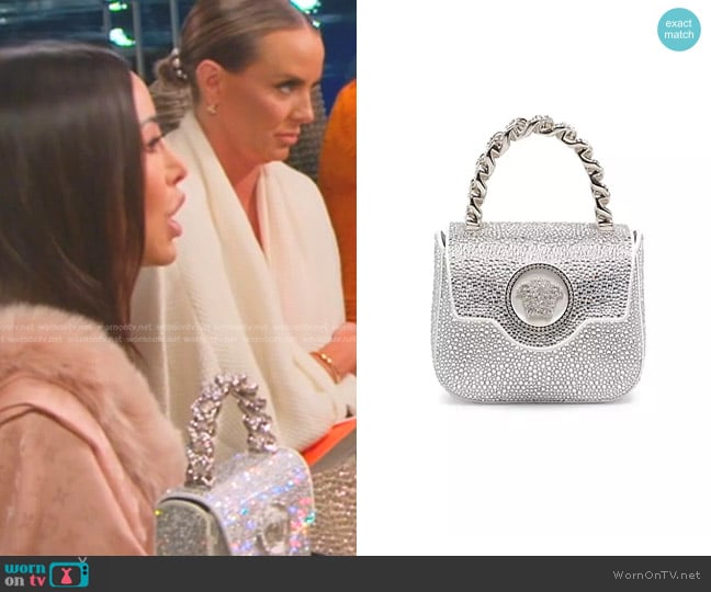 Versace Micro La Medusa Hotfix Top Handle Bag in Optical White worn by Angie Katsanevas on The Real Housewives of Salt Lake City