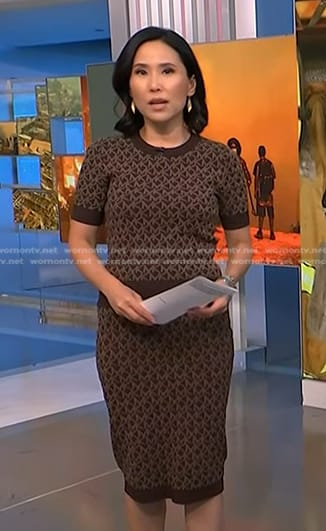 Vicky's brown printed short sleeve top and skirt on NBC News Daily