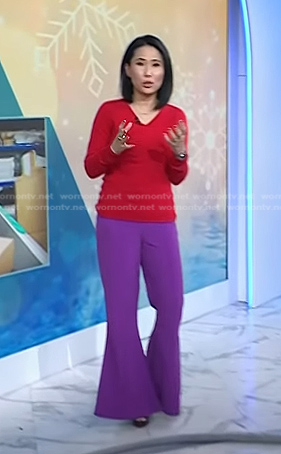 Vicky's red v-neck sweater and purple flare pants on Today