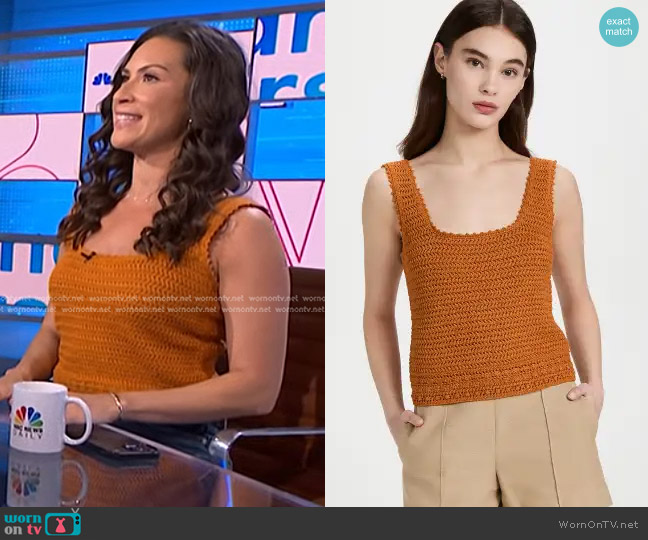 Vince Crochet Square Tank in Burnt Orange worn by Stephanie Mansour on NBC News Daily