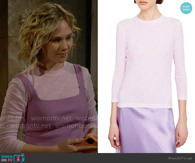 Vince Micro Stripe Crewneck Top in Off White/Verbena worn by Lucy Romalotti (Lily Brooks O’ Briant) on The Young and the Restless