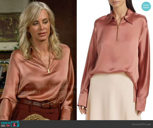 Vince Silk Satin Half-Zip Blouse in Tea Rose worn by Ashley Abbott (Eileen Davidson) on The Young and the Restless