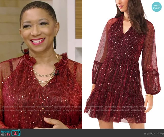 Vince Camuto Metallic Puff-Sleeve Ruffled Dress worn by Deja Vu on Live with Kelly and Mark