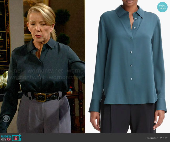 Vince Silk Blouse in Azurine worn by Nikki Reed Newman (Melody Thomas-Scott) on The Young and the Restless