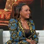 Vivica A. Fox’s blue printed blazer and pants on Access Hollywood