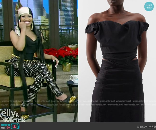 Vivienne Westwood Sunday off-the-shoulder satin corset top worn by Nicki Minaj on Live with Kelly and Mark