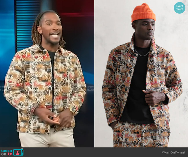 Wax London Iggy Jacket Multi Aztec Jacquard worn by Scott Evans on Access Hollywood