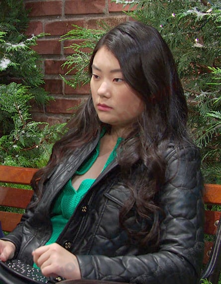 Wendy's green dress and black quilted jacket on Days of our Lives