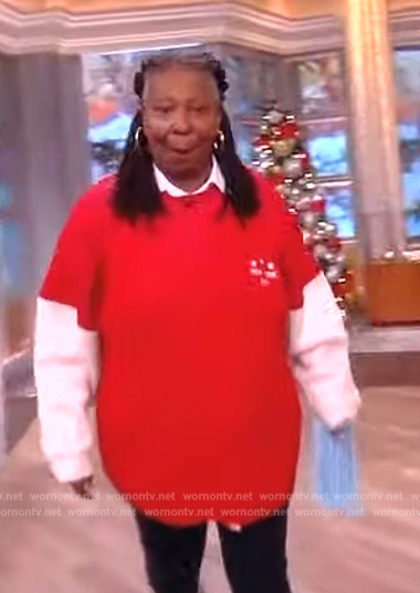 Whoopi’s red colorblock sweater on The View