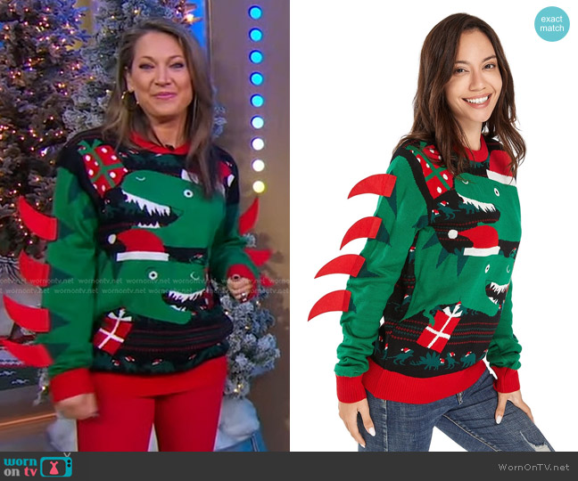 You Look Ugly Today Dinosaur Ready, Set, Rex It Up Couples Ugly Christmas Sweater worn by Ginger Zee on Good Morning America