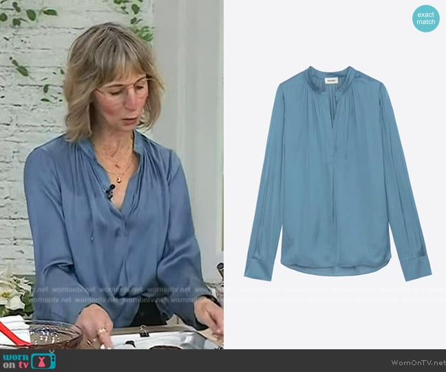 Zadig & Voltaire Tink Band-Collar Satin-Finish Blouse worn by Jessie Sheehan on Today