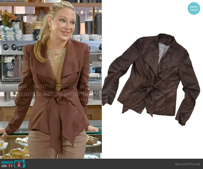 Zara  Faux Leather Draped Open Front Tie Waist Jacket worn by Sharon Newman (Sharon Case) on The Young and the Restless