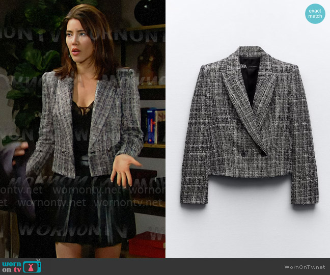 Zara Checkered Crop Jacket worn by Steffy Forrester (Jacqueline MacInnes Wood) on The Bold and the Beautiful