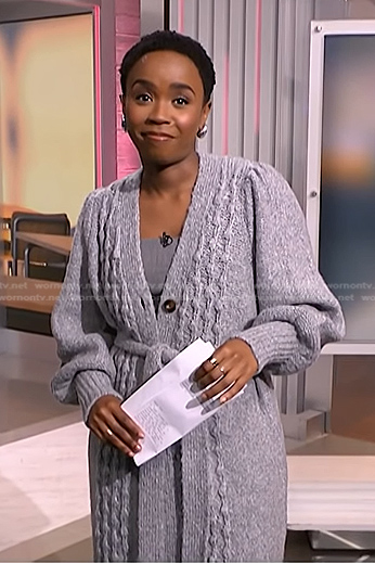 Zinhle's grey cable knit long cardigan on NBC News Daily