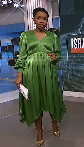 Zinhle’s green v-neck satin dress on NBC News Daily