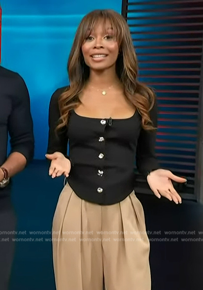 Zuri's black button down square neck top on Access Hollywood