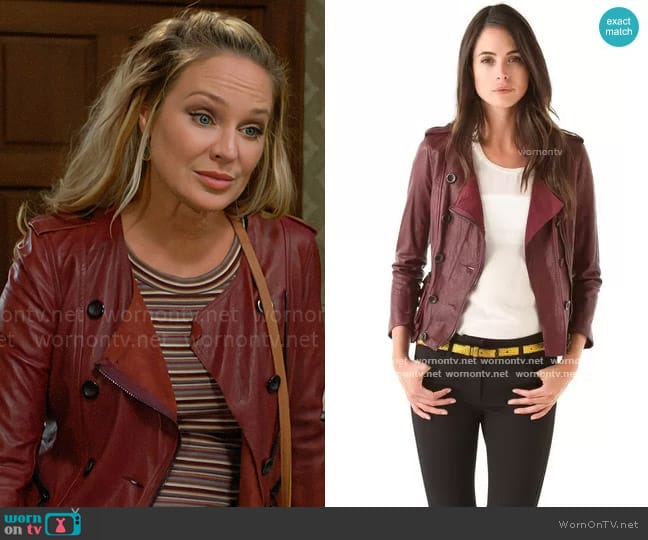 3.1 Phillip Lim Ruffle Leather Jacket in Berry worn by Sharon Newman (Sharon Case) on The Young and the Restless