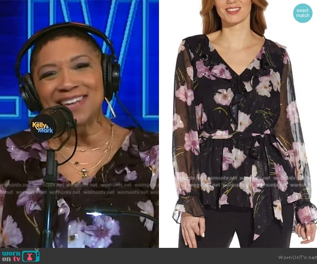 Adrianna Papell Black Sheer Ruffled Floral Balloon Sleeve Top worn by Deja Vu on Live with Kelly and Mark