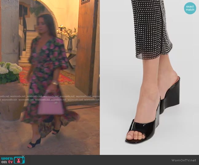 Amina Muaddi Lupita Leather Wedge Mules worn by Kyle Richards on The Real Housewives of Beverly Hills