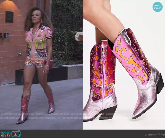 ASOS Cupid contrast western knee boots in metallic mix worn by Ashley Darby on The Real Housewives of Potomac