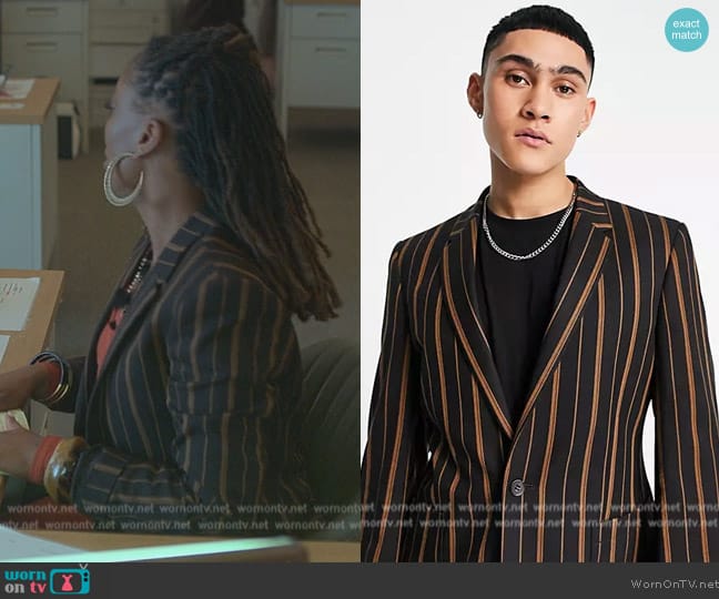 ASOS Skinny suit jacket in tobbaco stripe worn by Malika Williams (Zuri Adele) on Good Trouble