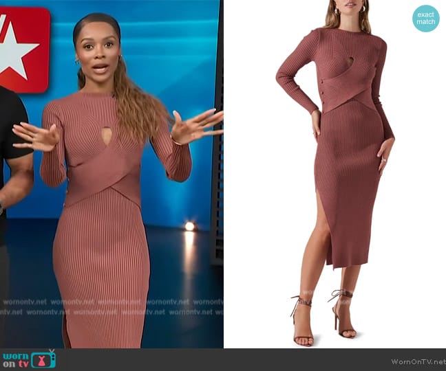 ASTR the Label Cutout Long Sleeve Ribbed Midi Sweater Dress worn by Zuri Hall on Access Hollywood