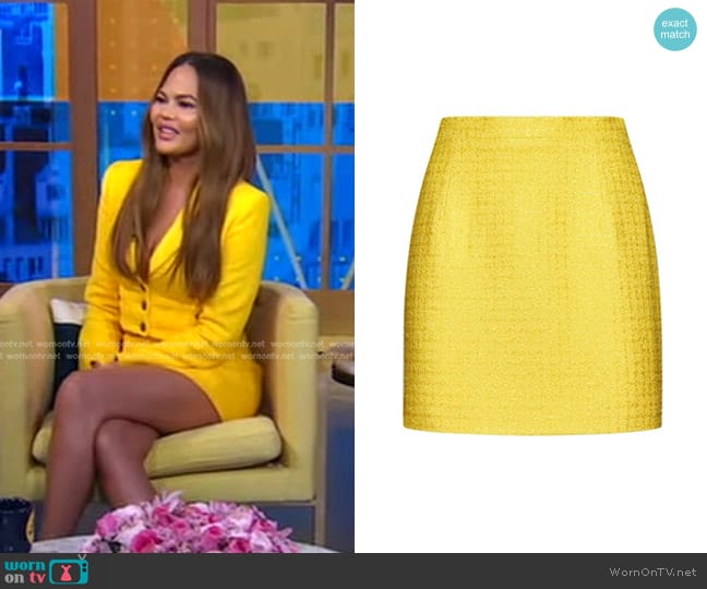 Alessandra Rich Bouclé-Tweed Mini Skirt worn by Chrissy Teigen on Good Morning America