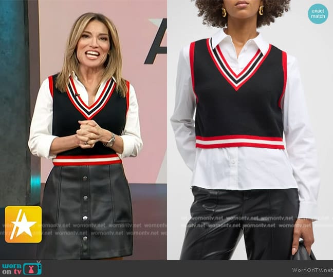 Alice and Olivia Orly Tipped Sweater Vest Combination Tunic worn by Kit Hoover on Access Hollywood