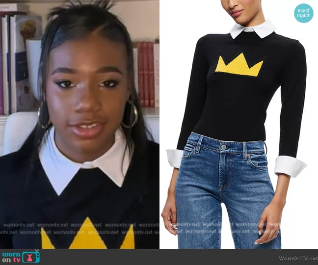 Alice + Olivia Porla Collared Appliqué Wool Sweater worn by Yolanda Renee King on The Kelly Clarkson Show