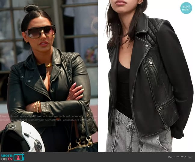 All Saints Cargo Leather Biker Jacket worn by Monica Garcia on The Real Housewives of Salt Lake City