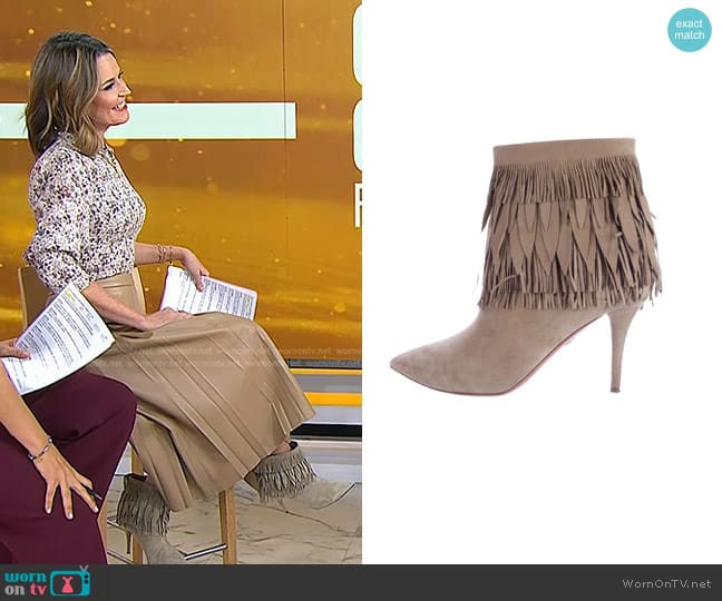 Aquazzura Sasha Fringe Suede Ankle Boots worn by Savannah Guthrie on Today